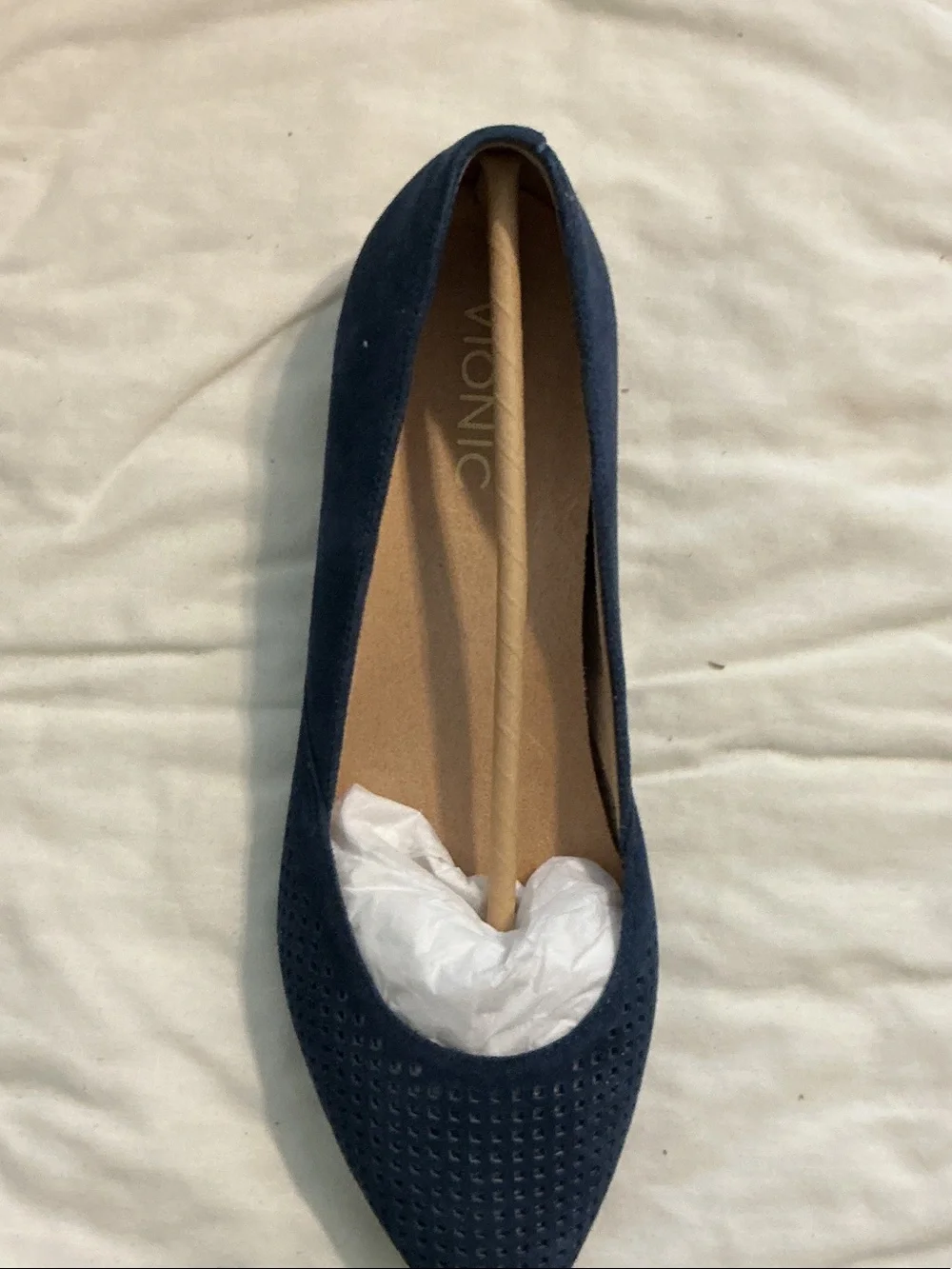 Vionic Navy Pointed Perforated Suede Flat
